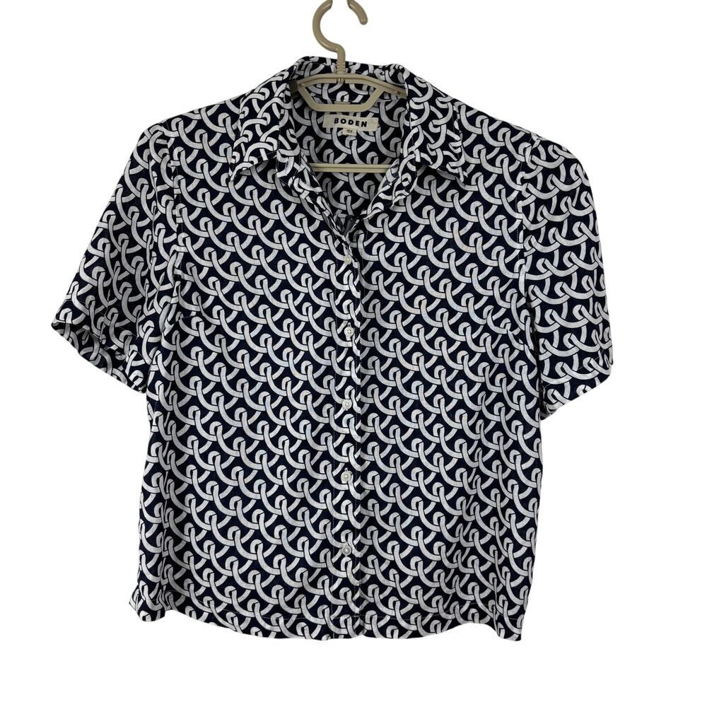 Boden Hazel Short Sleeve Linen Shirt US 6 boxy coastal T1556 Navy Geo Terrace